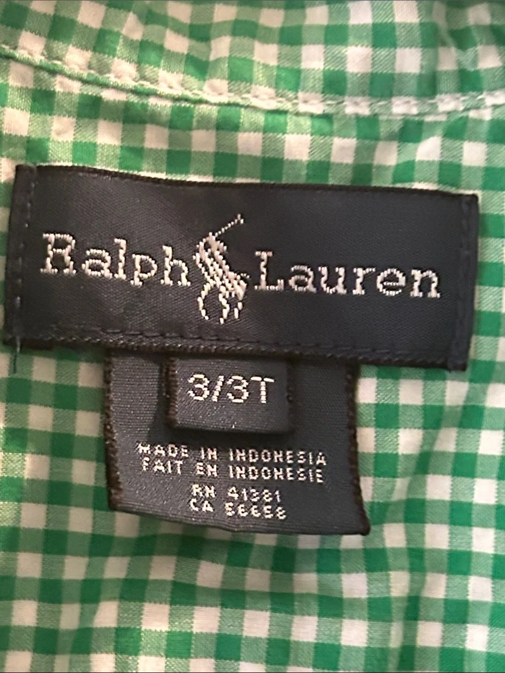 Ralph Lauren Green Gingham Button-Down Shirt long sleeve embroider logo size 3T